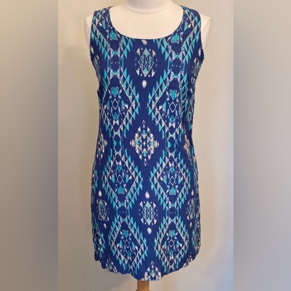 Charming Charlie Blue Teal Geometric Print SZ M Preppy Coastal  Resortwear Dress